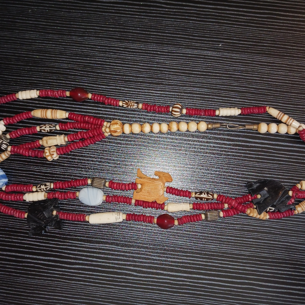 Handmade Red Beaded Multi-Strand Necklace with Animal Charms